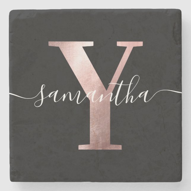 Girly Faux Rose Gold Foil Monogram White and Black Stone Coaster (Front)