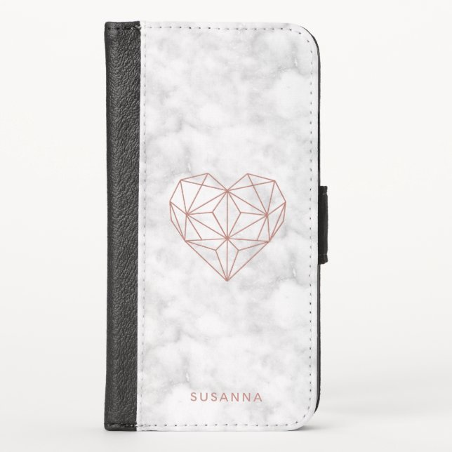Girly Faux Rose Gold Geometric Heart Marble Style iPhone Wallet Case (Front)