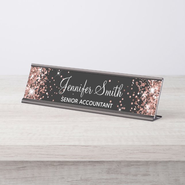 Girly Faux Rose Gold Glitter Black Desk Name Plate (Front)