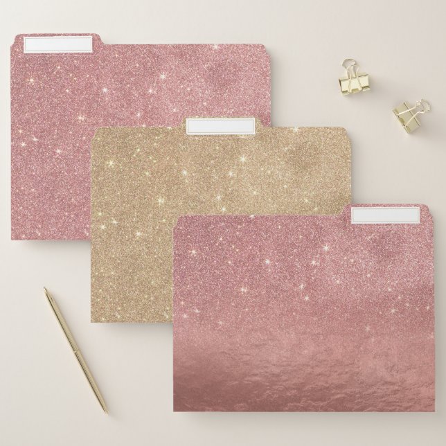 Girly Faux Rose Gold Glitter Crumbled Foil Ombre File Folder (Set)