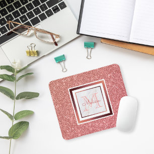 Girly Faux Rose Gold Glitter Monogram Name Mouse Pad