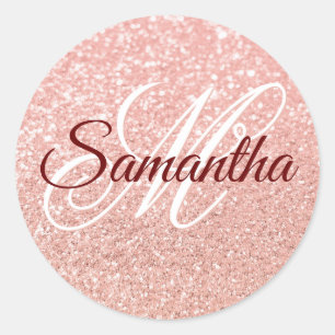 Girly Faux Rose Gold Glitter Monogrammed Classic Round Sticker