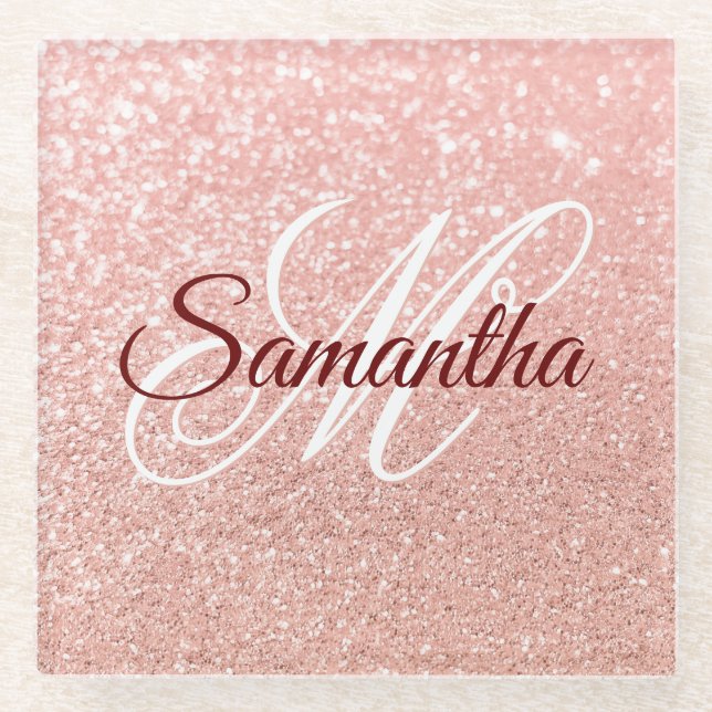 Girly Faux Rose Gold Glitter Monogrammed Glass Coaster (Front)