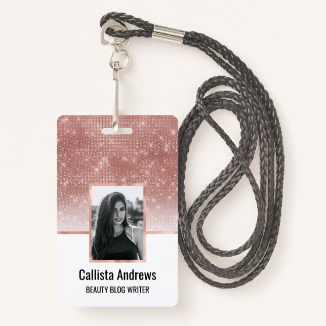 Girly Faux Rose Gold Sequin Glitter White Ombre Badge (Front with Lanyard)