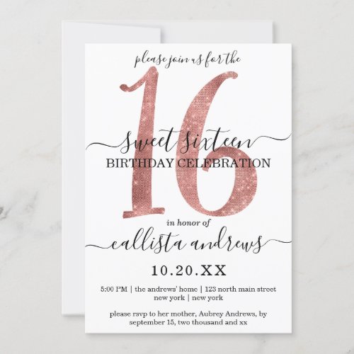 Girly Faux Rose Gold WhiteGlitter Sweet 16 Invitation