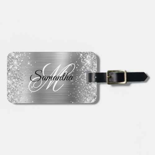 Girly Faux Silver Glitter and Shiny Foil Luggage Tag