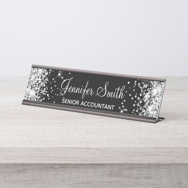 Girly Faux Silver Glitter Black Desk Name Plate (Front)