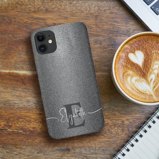 Girly Faux Silver Glitter Monogram & Script Name Case-Mate iPhone Case (Creator Uploaded)