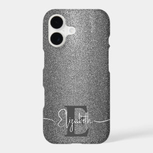 Girly Faux Silver Glitter Monogram & Script Name iPhone 17 Case