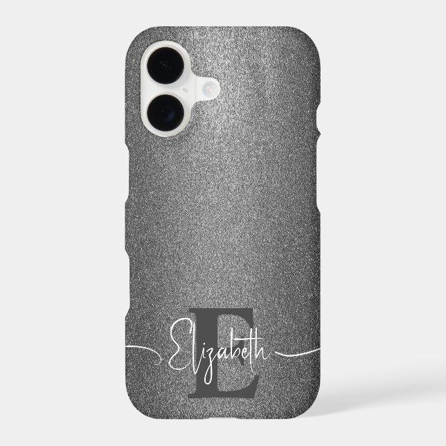 Girly Faux Silver Glitter Monogram & Script Name Iphone Case (Back)