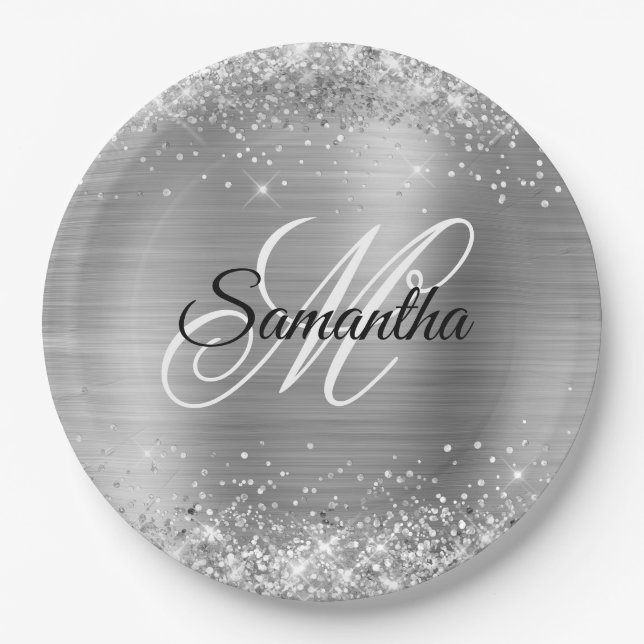 Girly Faux Silver Glittery Foil Monogram Paper Plates (Front)