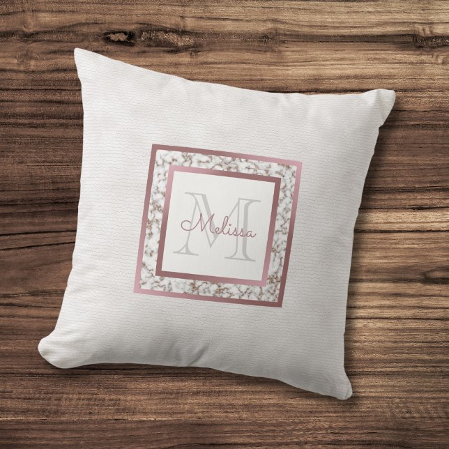 Girly Faux White Leather Marble Rose Gold Monogram Throw Pillow (Creator Uploaded)