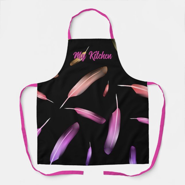 Girly Feathers Black Pink Calligraphy Text Apron (Front)