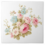 Girly Feminine Vintage Pink Roses Ceramic Tile<br><div class="desc">Gorgeous cluster of pink roses and daisies with blue wildflowers and sage foliage. Background color can be customized.</div>