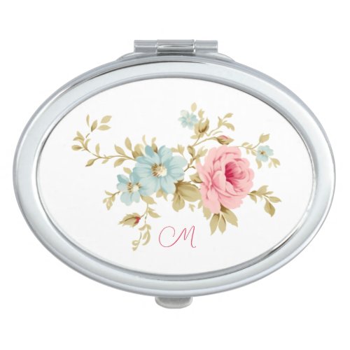 Girly Feminine Vintage Pink Roses wMonogram Compact Mirror