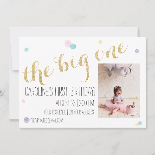 Girly First Birthday Invitation - Glitter Gold (Front)