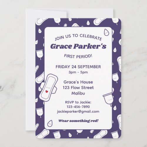 Girly First Period Dark Purple Menstrual Pad Party Invitation
