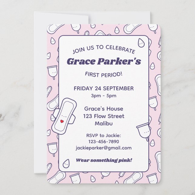 Girly First Period Pink Cute Menstrual Pad Party Invitation (Front)