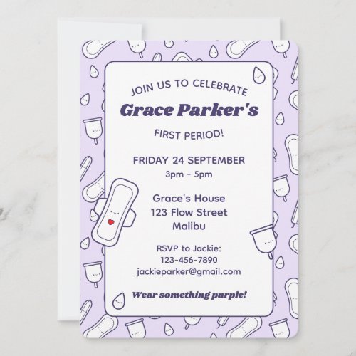 Girly First Period Purple Cute Menstrual Pad Party Invitation