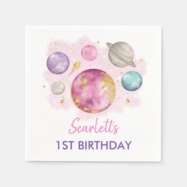 Girly First Trip Around the Sun Birthday Party Napkins (Front)