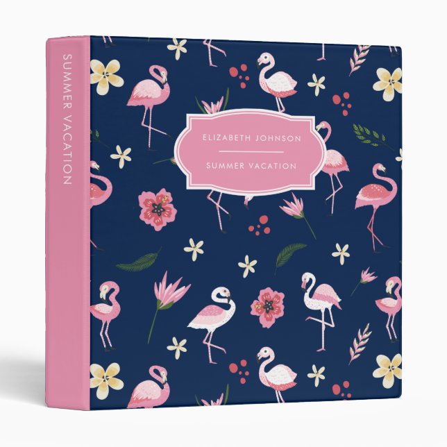 Girly Flamingo Floral Pattern Blue Pink Monogram 3 Ring Binder (Front/Spine)