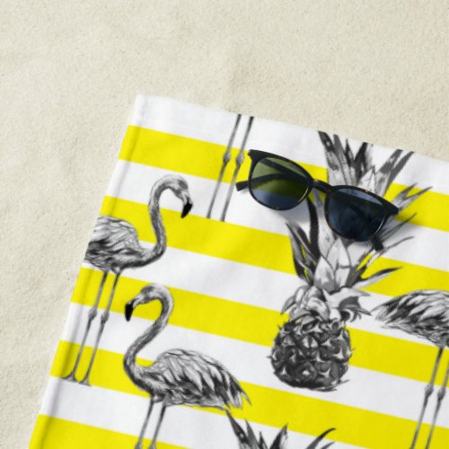 Girly Flamingo Pineapple Yellow White Monogrammed Beach Towel