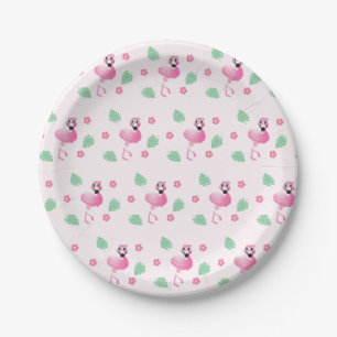 Girly Flamingo Tropical Flowers Leaf Pattern Pink Paper Plates