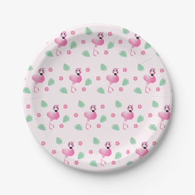 Girly Flamingo Tropical Flowers Leaf Pattern Pink Paper Plates (Front)