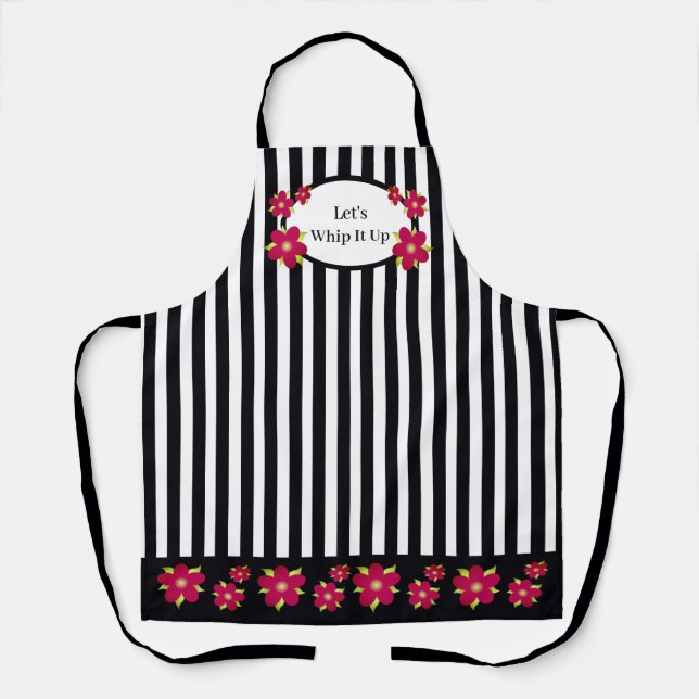 Girly Floral Accented Black and White Stripe Apron (Front)