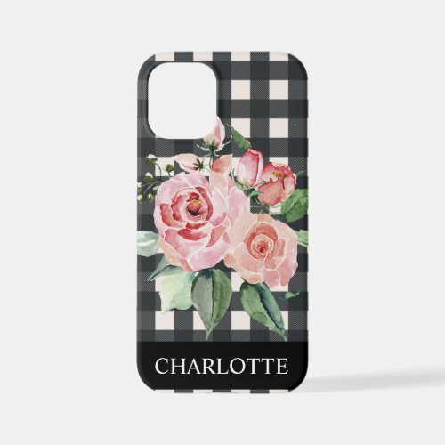 Girly Floral Black White Buffalo Plaid Name  iPhon iPhone 12 Mini Case