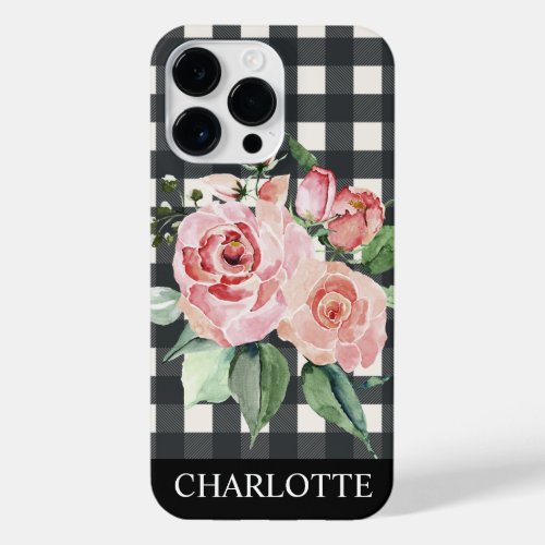 Girly Floral Black White Buffalo Plaid Name  iPhone 14 Pro Max Case