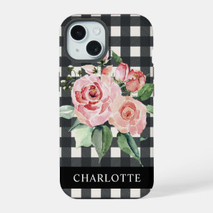 Girly Floral Black White Buffalo Plaid Name iPhone 15 Case