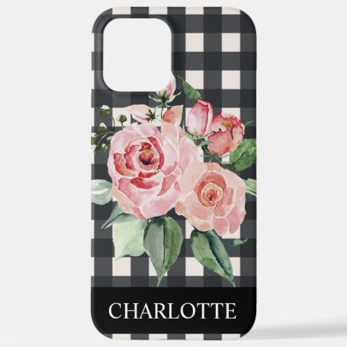 Girly Floral Black White Buffalo Plaid Name  iPhone 12 Pro Max Case