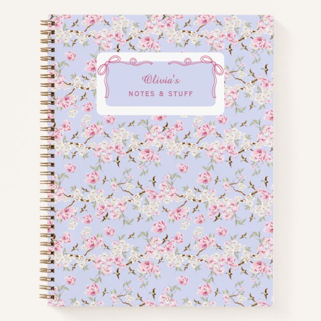 Girly Floral Blue Pink Bow Coquette Custom Notebook (Front)