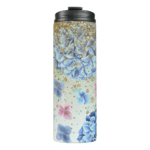 *~* Girly Floral Blue Pink Hydrangea Glitter Thermal Tumbler