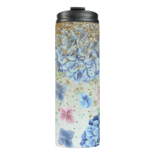  Girly Floral Blue Pink Hydrangea Glitter Thermal Tumbler