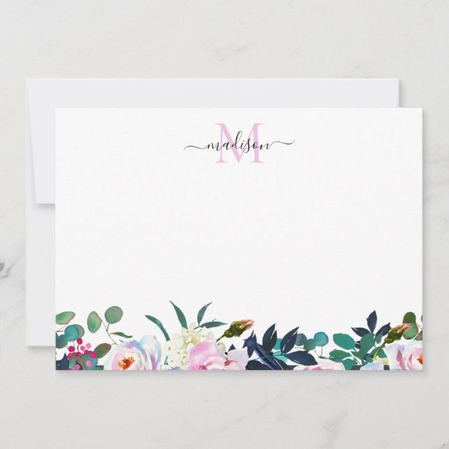 Girly Floral Blush Pink Peony Botanical Monogram Note Card (Front)