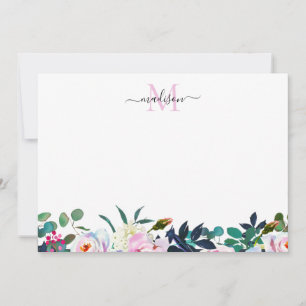 Girly Floral Blush Pink Peony Botanical Monogram Note Card