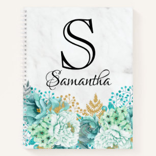 Girly Floral Bouquet Mint Marble Monogram Initial Notebook