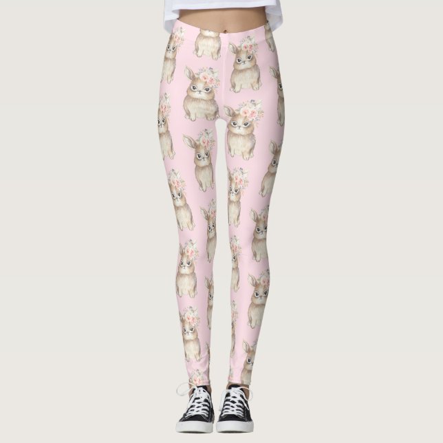Girly Floral Bunny Rabbit Watercolor Blush Flowers Leggings (Front)