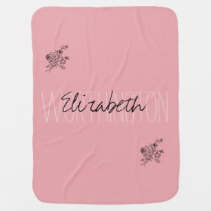 Girly Floral Calligraphy Name pink blush red Baby Blanket