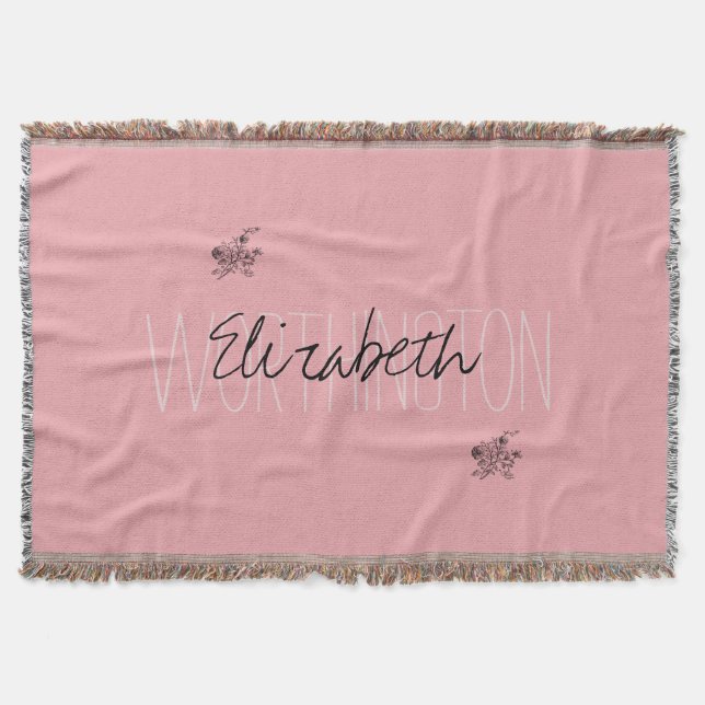 Girly Floral Calligraphy Name pink blush red Throw Blanket (Front)
