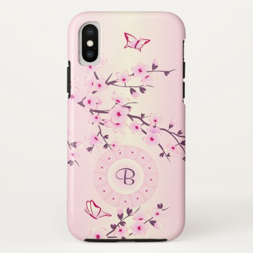 Girly Floral Cherry Blossoms Monogram iPhone XS Case