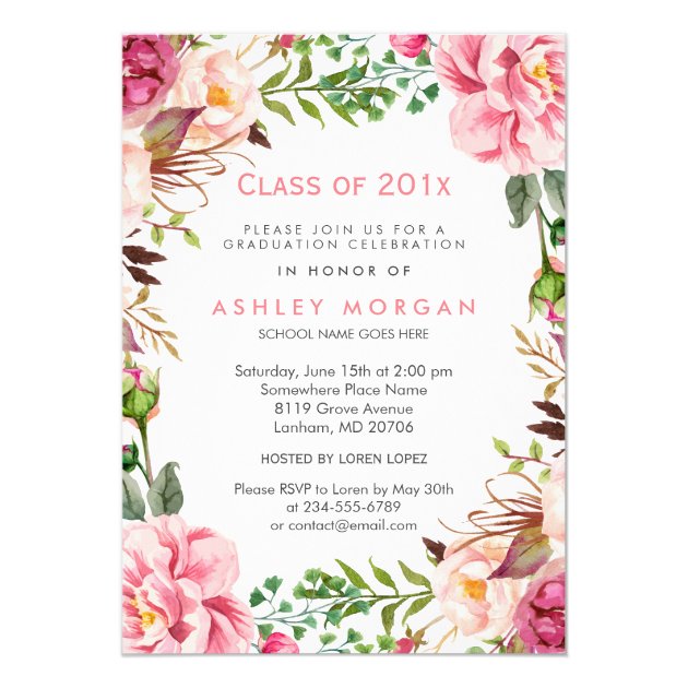 Girly Floral Chic Class of 2018 Graduation Party Card (front side)