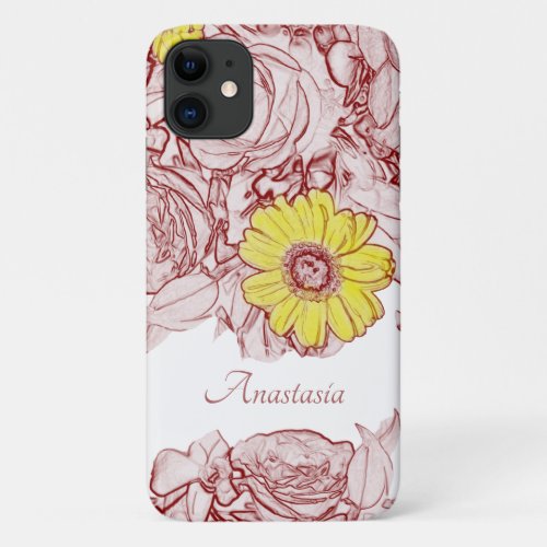 Girly Floral Custom Name Yellow Daisy Flower iPhone 11 Case