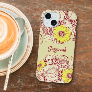 Girly Floral Custom Name Yellow Daisy Flower iPhone 15 Case