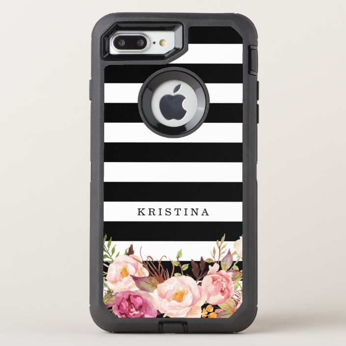 Girly Floral Decor Classic Black White Stripes Otterbox Iphone Case