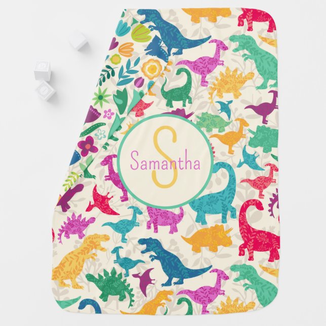 Girly Floral Dinosaur Silhouette Baby Girls Blanket (In Situ)