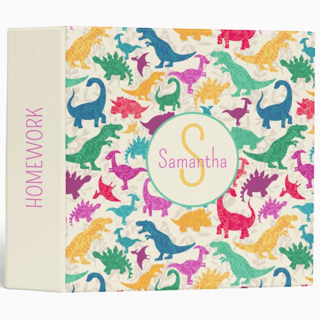 Girly Floral Dinosaur Silhouette Girls 3 Ring Binder (Front/Spine)