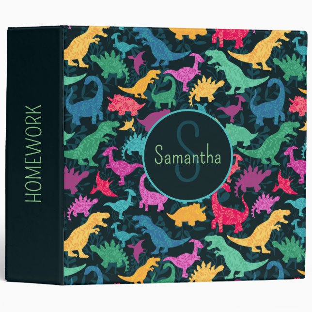 Girly Floral Dinosaur Silhouette Girls 3 Ring Binder (Front/Spine)